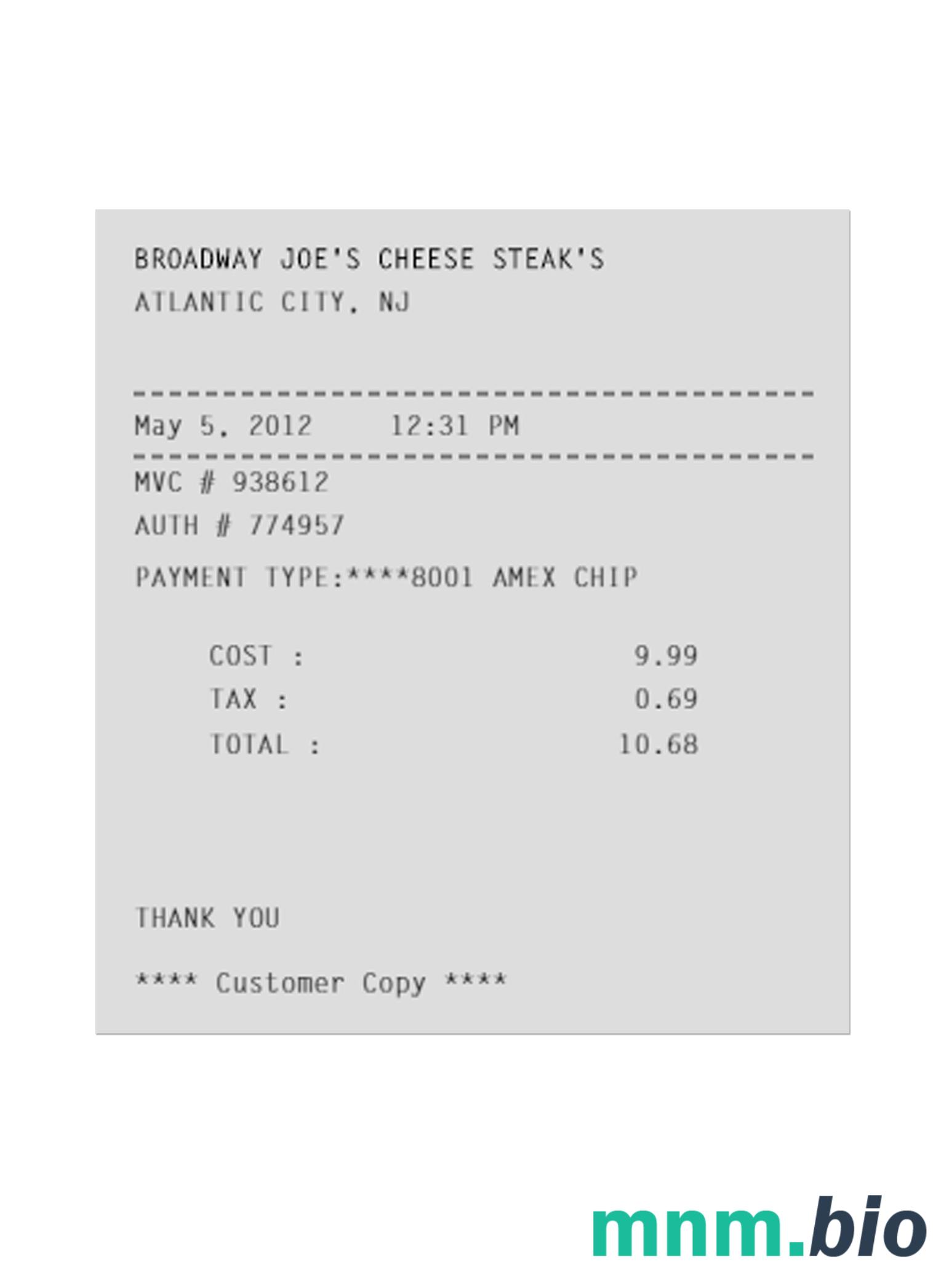 Broadway Joe's Cheese Steak's szablon pokwitowania płatności PSD